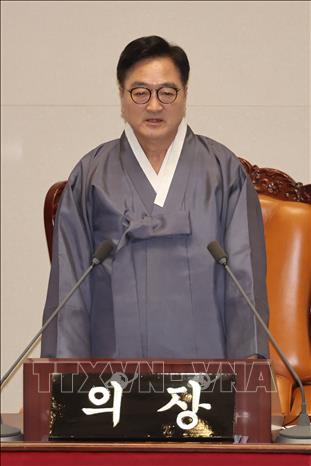 Chủ tịch Quốc hội Hàn Quốc Woo Won Shik phát biểu trong phiên họp toàn thể tại tòa nhà Quốc hội ở Seoul ngày 1/9/2025. Ảnh: Yonhap/TTXVN