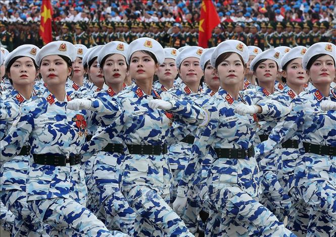 Female military medical formation marches on Ba Dinh Square. VNA Photo