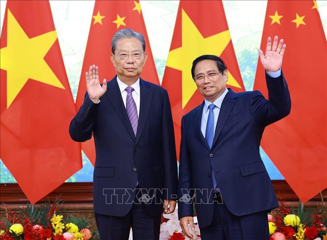 Thủ tướng Phạm Minh Chính hội kiến Ủy viên trưởng Nhân đại toàn quốc Trung Quốc Triệu Lạc Tế. Ảnh: Dương Giang-TTXVN
