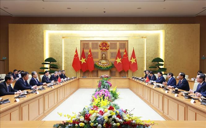 Thủ tướng Phạm Minh Chính hội kiến Ủy viên trưởng Nhân đại toàn quốc Trung Quốc Triệu Lạc Tế. Ảnh: Dương Giang-TTXVN
