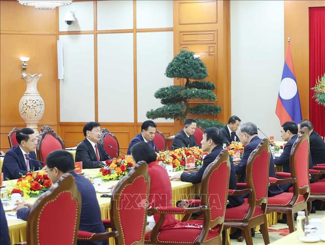 Tổng Bí thư Tô Lâm hội kiến Tổng Bí thư, Chủ tịch nước Lào Thongloun Sisoulith. Ảnh: Thống Nhất – TTXVN
