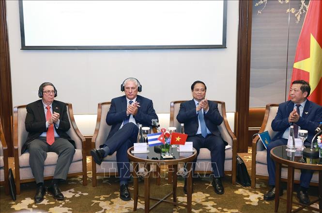 Thủ tướng Phạm Minh Chính và Bí thư thứ Nhất, Chủ tịch Cuba Miguel Díaz-Canel Bermúdez gặp gỡ doanh nghiệp hai nước. Ảnh: Dương Giang-TTXVN 
