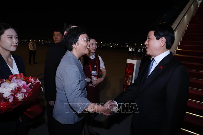 Bộ trưởng Bộ Nhân lực và An sinh xã hội Trung Quốc Vương Hiểu Bình đón Chủ tịch nước Lương Cường tại sây bay Bắc Kinh. Ảnh: Lâm Khánh – TTXVN