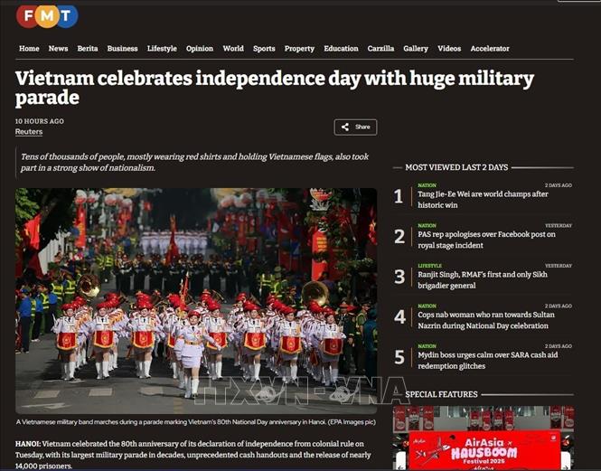 Free Malaysia Today đưa tin “Việt Nam kỷ niệm ngày Độc lập bằng cuộc duyệt binh hoành tráng”. Ảnh: Chụp màn hình
