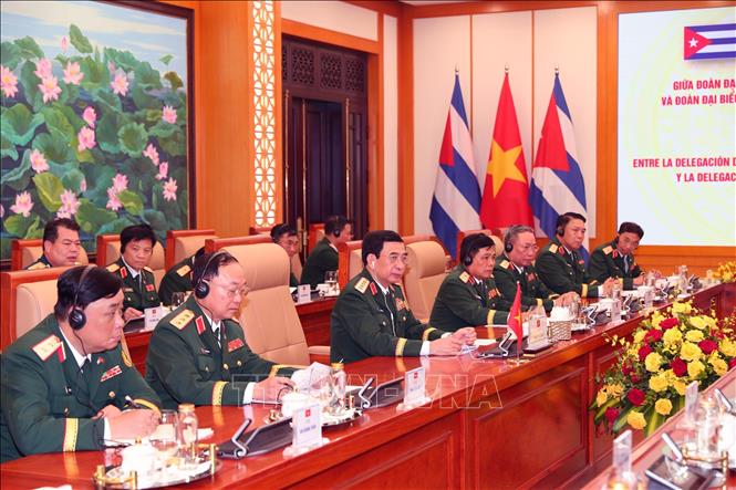 Đại tướng Phan Văn Giang, Ủy viên Bộ Chính trị, Phó Bí thư Quân ủy Trung ương, Bộ trưởng Bộ Quốc phòng tại buổi hội đàm. Ảnh: Trọng Đức - TTXVN
