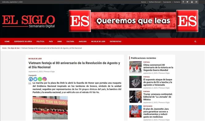 Bài đăng trên báo El Siglo, cơ quan ngôn luận của Đảng Cộng sản Chile, ngày 3/9/2025. Ảnh: TTXVN phát