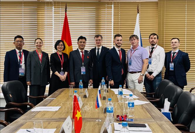 Buổi làm việc giữa đoàn ĐHNN Đà Nẵng và Đại học Liên bang Viễn Đông. Ảnh: Tâm Hằng - Phóng viên TTXVN tại LB Nga