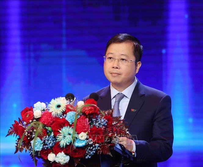 Tổng Giám đốc Đài truyền hình Việt Nam Nguyễn Thanh Lâm đọc diễn văn tại buổi lễ. Ảnh: Thống Nhất – TTXVN