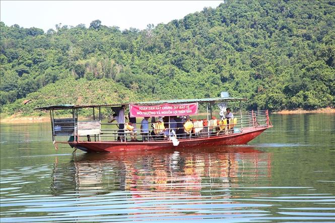 Các đại biểu thả cá giống trên hồ Cấm Sơn. Ảnh: Thái Hùng- TTXVN