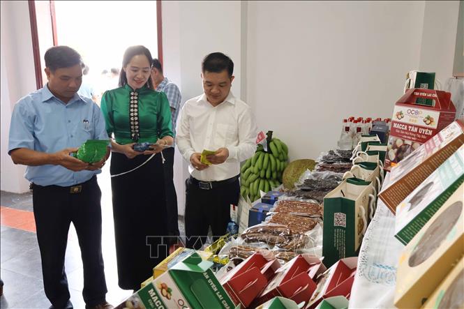Các đại biểu tham quan các sản phẩm OCOP của xã Tân Uyên tại hội thảo. Ảnh: Nguyễn Oanh-TTXVN.