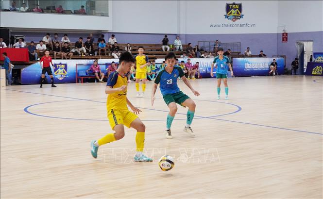 Trận thi đấu giữa Thái Sơn Nam TP.Hồ Chí Minh (áo xanh) và Sahako (áo vàng) với kết quả chung cuộc 4-2 nghiêng về Thái Sơn Nam TP.Hồ Chí Minh. Ảnh: Trung Tuyến - TTXVN