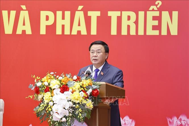 Đồng chí Nguyễn Xuân Thắng, Uỷ viên Bộ Chính trị, Giám đốc Học viện Chính trị Quốc gia Hồ Chí Minh, Chủ tịch Hội đồng Lý luận Trung ương phát biểu. Ảnh: Doãn Tấn - TTXVN