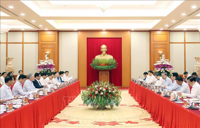 Tổng Bí thư Tô Lâm chủ trì buổi làm việc của Bộ Chính trị với Ban Thường vụ Đảng uỷ Chính phủ. Ảnh: Thống Nhất - TTXVN
