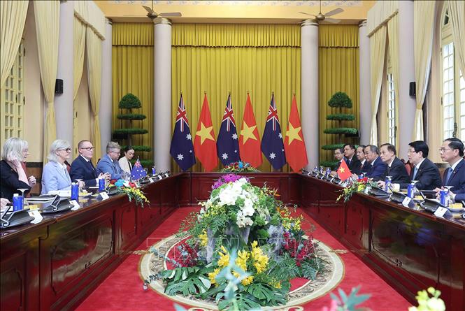 Chủ tịch nước Lương Cường và Toàn quyền Australia Sam Mostyn hội đàm. Ảnh: Lâm Khánh - TTXVN