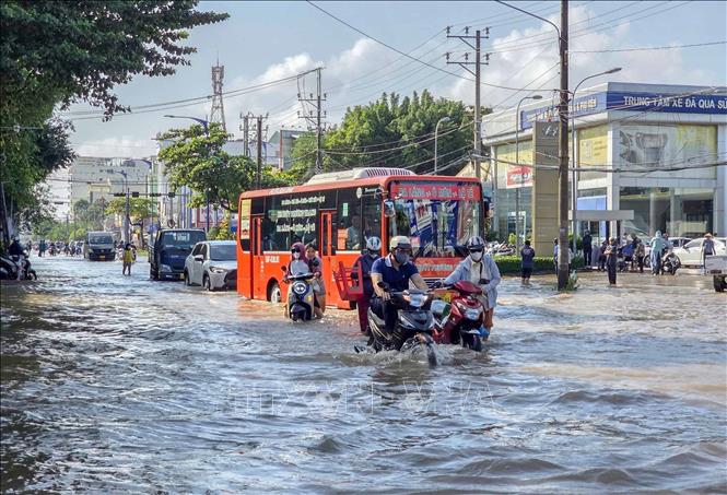 Đường Cách Mạng Tháng Tám, phường Cái Khế, thành phố Cần Thơ ngập sâu trong sáng 11/9/2025 khi triều cường vượt báo động 3. Ảnh: Thanh Liêm - TTXVN