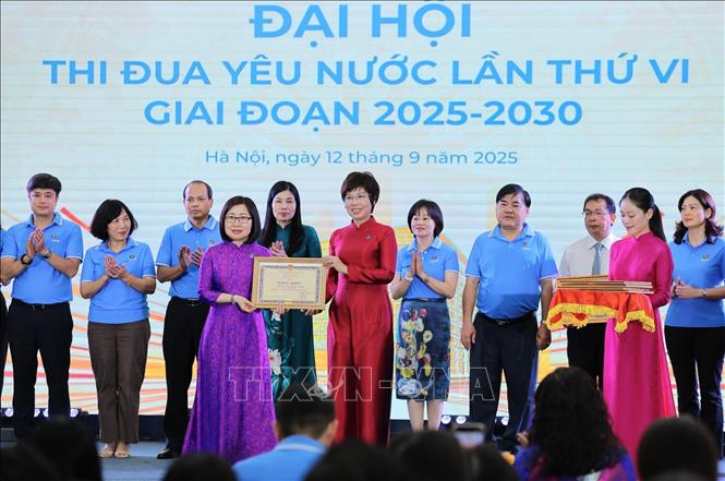 Bí thư Đảng ủy, Tổng giám đốc, Chủ tịch Hội đồng Thi đua - Khen thưởng TTXVN Vũ Việt Trang trao tặng Bằng khen cho đồng chí Đoàn Thị Tuyết Nhung, Phó Tổng giám đốc TTXVN. Ảnh: Lê Đông - TTXVN