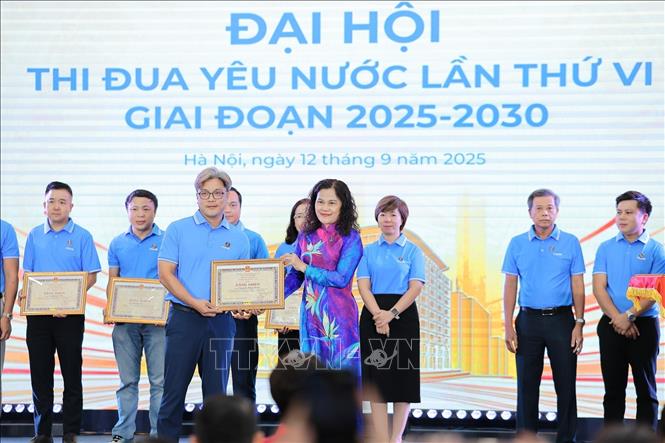 Phó tổng giám đốc Nguyễn Thị Sự trao Bằng khen của Tổng giám đốc cho đồng chí Nguyễn Đăng Khoa, Trưởng phòng tổng hợp, Công ty TNHH MTV In và Thương mại TTXVN. Ảnh: Lê Đông - TTXVN