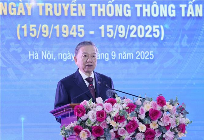 Tổng Bí thư Tô Lâm phát biểu tại Lễ đón nhận Huân chương Hồ Chí Minh và kỷ niệm 80 năm Ngày truyền thống Thông tấn xã Việt Nam(15/9/1945-15/9/2025). Ảnh: Lâm Khánh - TTXVN
