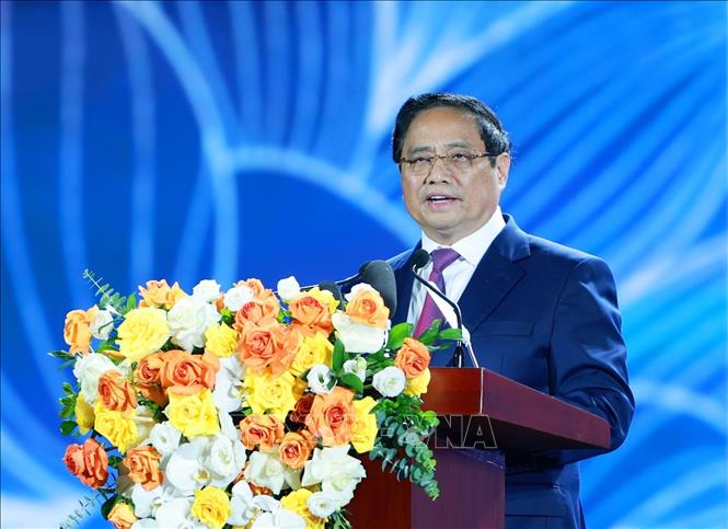 Thủ tướng Phạm Minh Chính phát biểu bế mạc Triển lãm Thành tựu Đất nước “80 năm Hành trình Độc lập - Tự do - Hạnh phúc”. Ảnh: Dương Giang-TTXVN 
