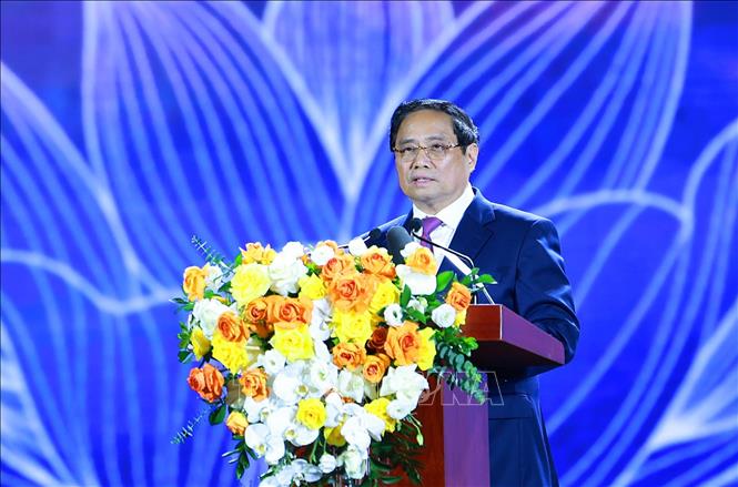 Thủ tướng Phạm Minh Chính phát biểu bế mạc Triển lãm Thành tựu Đất nước “80 năm Hành trình Độc lập - Tự do - Hạnh phúc”. Ảnh: Dương Giang-TTXVN 
