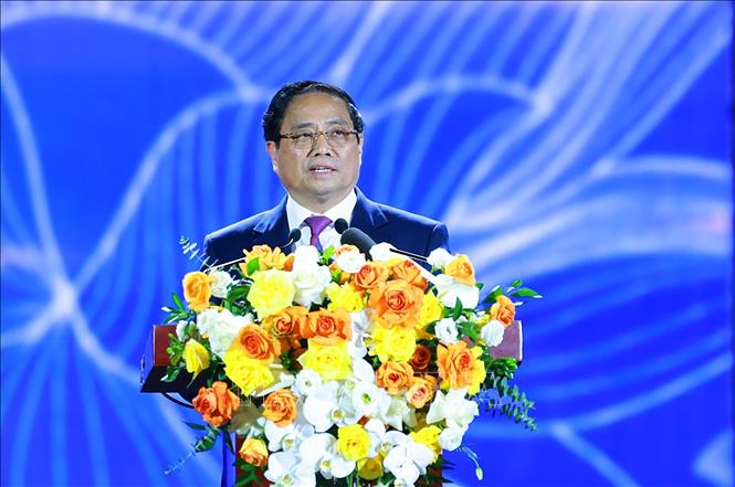 Thủ tướng Phạm Minh Chính phát biểu bế mạc Triển lãm Thành tựu Đất nước “80 năm Hành trình Độc lập - Tự do - Hạnh phúc”. Ảnh: Dương Giang-TTXVN 
