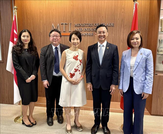 Bộ trưởng Bộ Môi trường và Bền vững kiêm Bộ trưởng phụ trách Quan hệ Thương mại Singapore Grace Fu (đứng giữa) chụp ảnh lưu niệm sau lễ ký kết. Ảnh: TTXVN phát