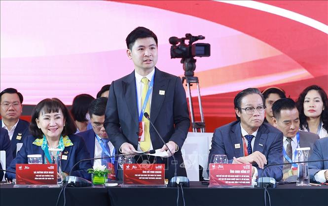 Đại diện các doanh nghiệp phát biểu tại Phiên đối thoại cấp cao Diễn đàn Kinh tế tư nhân Việt Nam (VPSF) 2025. Ảnh: Dương Giang-TTXVN