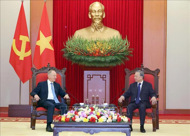 Tổng Bí thư Tô Lâm tiếp Trợ lý Tổng thống, Chủ tịch Hội đồng Biển Liên bang Nga Nicolai Patrushev. Ảnh: Thống Nhất - TTXVN