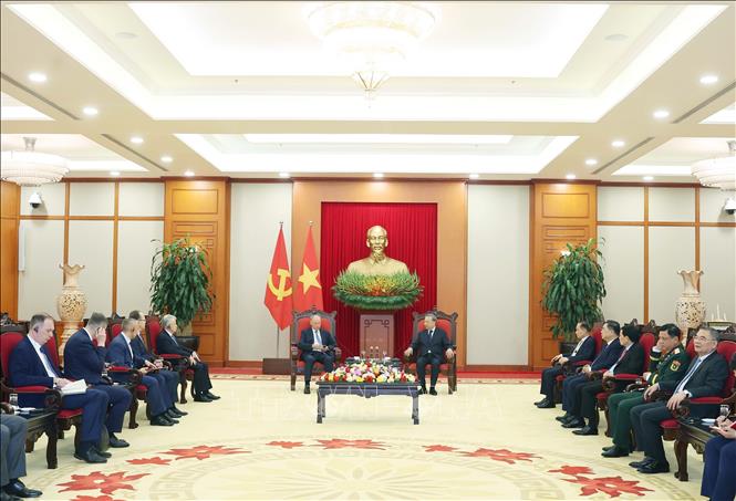 Tổng Bí thư Tô Lâm tiếp Trợ lý Tổng thống, Chủ tịch Hội đồng Biển Liên bang Nga Nicolai Patrushev. Ảnh: Thống Nhất - TTXVN