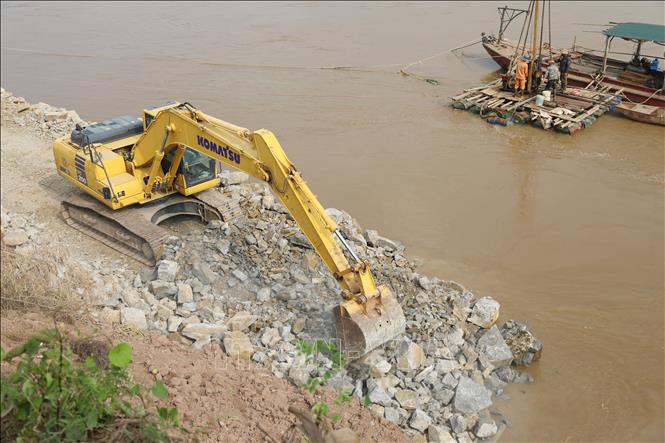 Cái đơn vị thi công khẩn trương kè bờ, vở sông Thao tại xã Tam Nông, tỉnh Phú Thọ. Ảnh: Tạ Toàn – TTXVN