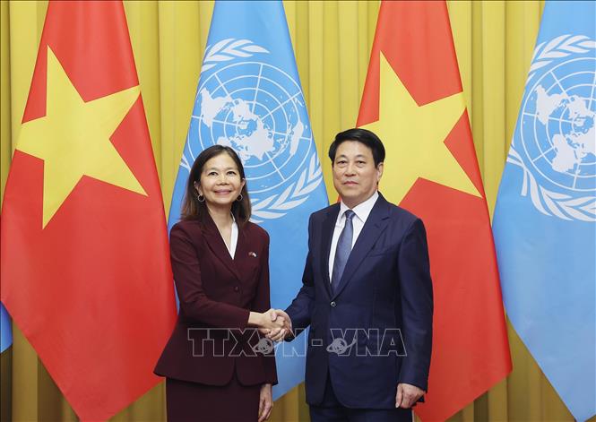 Chủ tịch nước Lương Cường tiếp bà Pauline Tamesis, Điều phối viên Thường trú Liên hợp quốc tại Việt Nam. Ảnh: Lâm Khánh – TTXVN