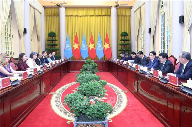 Chủ tịch nước Lương Cường tiếp bà Pauline Tamesis, Điều phối viên Thường trú và các Trưởng đại diện các tổ chức của Liên hợp quốc tại Việt Nam. Ảnh: Lâm Khánh – TTXVN