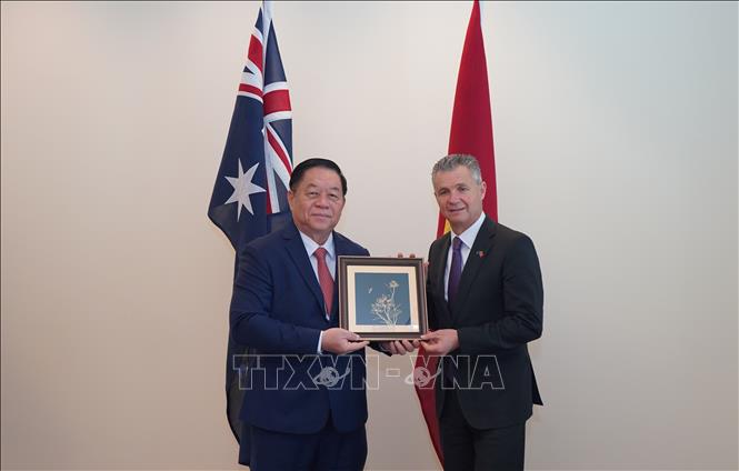 Nguyen Trong Nghia, Politburo member and Secretary of the Party Central Committee, presents a gift to Australian Assistant Minister for Foreign Affairs and Trade and Assistant Minister for Immigration Matthew Thistlethwaite. VNA Photo