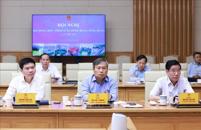 Lãnh đạo các tỉnh, thành phố vùng Đồng bằng sông Hồng tham dự Hội nghị Hội đồng điều phối vùng Đồng bằng sông Hồng lần thứ sáu. Ảnh: Dương Giang-TTXVN