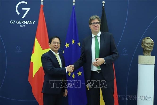 Bộ trưởng Ngoại giao Bùi Thanh Sơn gặp Quốc vụ khanh Nghị viện Bộ Kinh tế và Bảo vệ khí hậu liên bang Đức Michael Kellner trong chuyến thăm chính thức CHLB Đức (2022). Ảnh: Mạnh Hùng - TTXVN