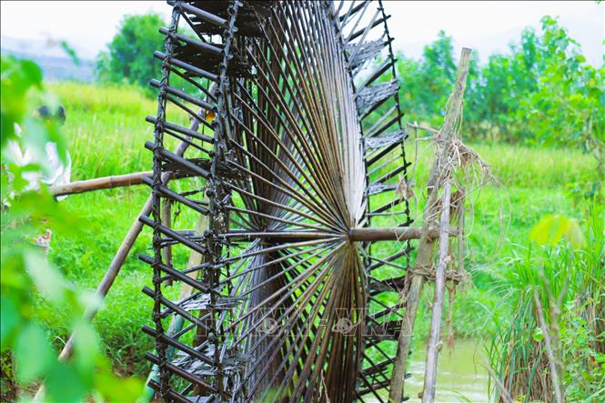 Cận cảnh những bộ phận làm nên cấu trúc một cọn nước. “Linh hồn” của con nước là hàng trăm ống nứa nhỏ được cột chắc chắn theo chiều hơi nghiêng trên vòng cung bánh xe để đựng được nhiều nước và tự chảy vào máng gom ở một độ cao nhất định. Ảnh: Xuân Tiến - TTXVN 