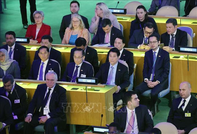 Chủ tịch nước Lương Cường cùng các thành viên đoàn Việt Nam tham dự Phiên họp cấp cao Kỷ niệm 80 năm thành lập Liên hợp quốc. Ảnh: Lâm Khánh – TTXVN