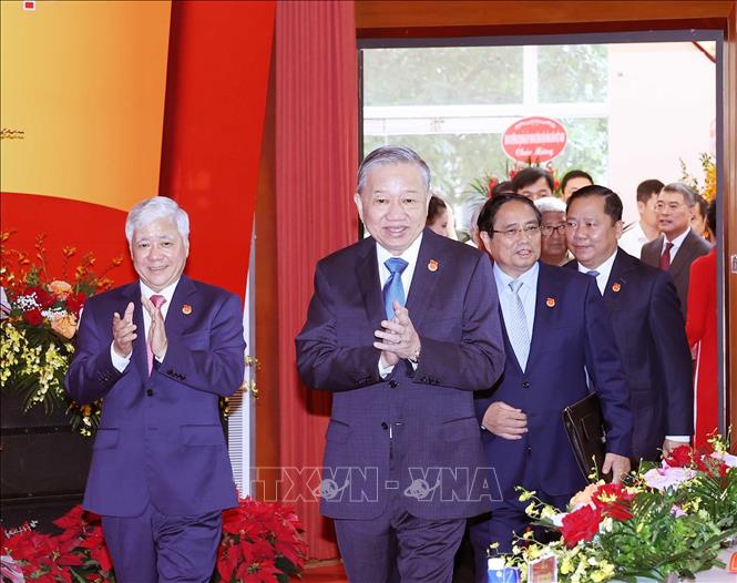 Tổng Bí thư Tô Lâm, Thủ tướng Phạm Minh Chính dự Đại hội Đại biểu Đảng bộ Mặt trận Tổ quốc, các đoàn thể Trung ương lần thứ nhất. Ảnh: Thống Nhất - TTXVN
