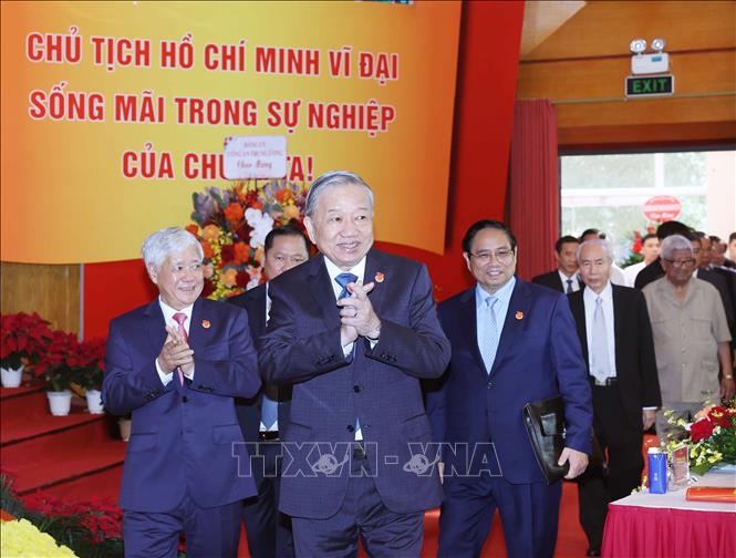 Tổng Bí thư Tô Lâm, Thủ tướng Phạm Minh Chính dự Đại hội đại biểu Đảng bộ Mặt trận Tổ quốc, các đoàn thể Trung ương lần thứ nhất. Ảnh: Thống Nhất - TTXVN