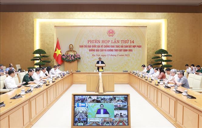 Thủ tướng Phạm Minh Chính chủ trì Phiên họp lần thứ 14 của Ban Chỉ đạo Quốc gia về chống khai thác hải sản bất hợp pháp. Ảnh: Dương Giang-TTXVN 
