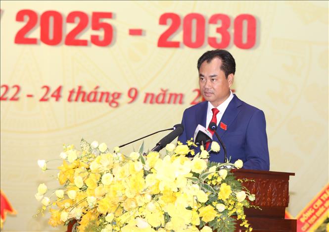 Bí thư Tỉnh ủy Thái Nguyên Trịnh Việt Hùng đọc diễn văn bế mạc Đại hội. Ảnh: Vũ Hoàng Giang - TTXVN