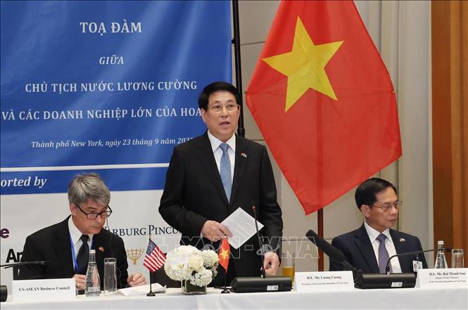 Chủ tịch nước Lương Cường phát biểu tại toạ đàm với doanh nghiệp lớn của Hoa Kỳ. Ảnh: Lâm Khánh – TTXVN