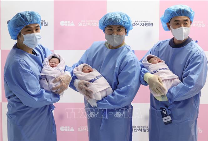 Các ông bố bế những em bé sơ sinh tại bệnh viện ở Goyang, Hàn Quốc ngày 1/1/2025. Ảnh: Yonhap/TTXVN