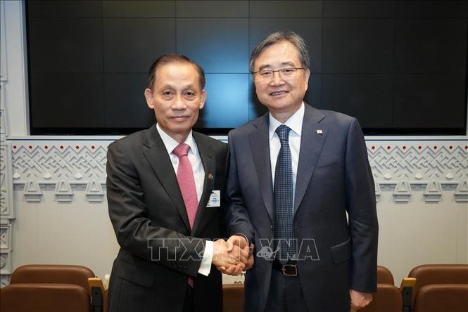 Bí thư Trung ương Đảng, Quyền Bộ trưởng Ngoại giao Việt Nam Lê Hoài Trung gặp Bộ trưởng Ngoại giao Hàn Quốc Cho Hyun. Ảnh: TTXVN phát