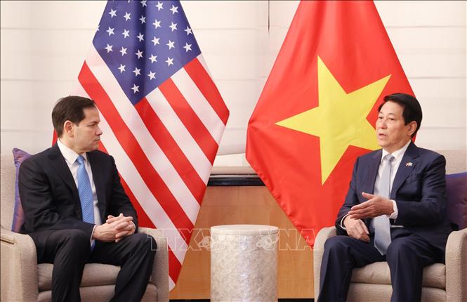 Chủ tịch nước Lương Cường tiếp Bộ trưởng Ngoại giao Hoa Kỳ Marco Rubio. Ảnh: Lâm Khánh – TTXVN 