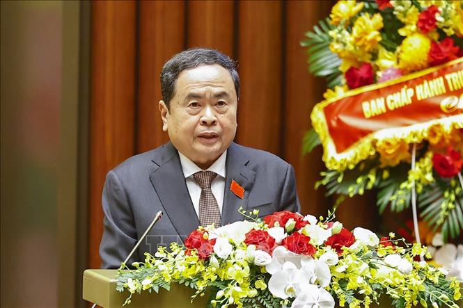 Đồng chí Trần Thanh Mẫn, Ủy viên Bộ Chính trị, Bí thư Đảng ủy Quốc hội, Chủ tịch Quốc hội đọc Diễn văn khai mạc Đại hội. Ảnh: Doãn Tấn - TTXVN