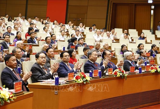 Tổng Bí thư Tô Lâm và các đồng chí Lãnh đạo, nguyên Lãnh đạo Đảng, Nhà nước dự Đại hội. Ảnh: Doãn Tấn - TTXVN
