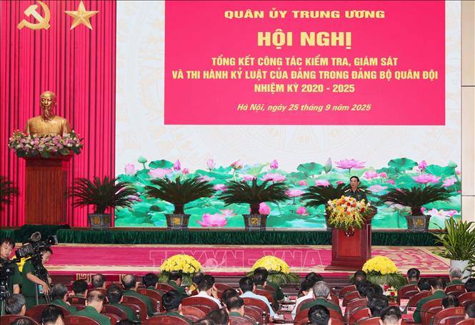 Hội nghị tổng kết công tác kiểm tra, giám sát và thi hành kỷ luật trong Đảng bộ Quân đội nhiệm kỳ 2020 - 2025. Ảnh: Trọng Đức - TTXVN
