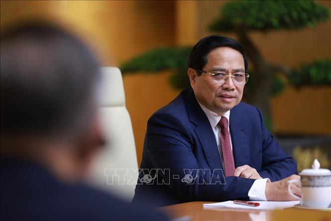 Thủ tướng Phạm Minh Chính phát biểu tại cuộc tiếp đồng chí Lâm Vũ, Bí thư Tỉnh ủy Sơn Đông (Trung Quốc). Ảnh: Dương Giang-TTXVN 
