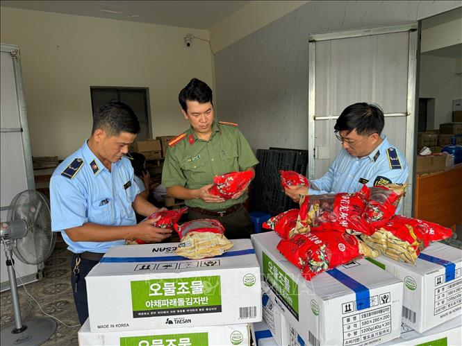 Lực lượng QLTT kiểm tra xuất xứ, nguồn gốc hàng hóa. Ảnh: Quốc Lũy - TTXVN